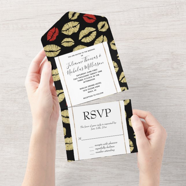 Red Gold Lips Kisses Romantic Chic Wedding All In One Invitation (Tearaway)