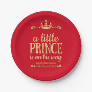 Red Gold Little Prince On His Way Baby Shower Paper Plate