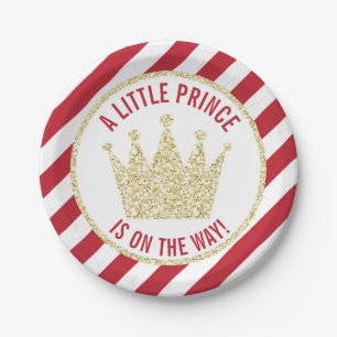 Red Gold Little Prince on the Way Baby Shower Paper Plate