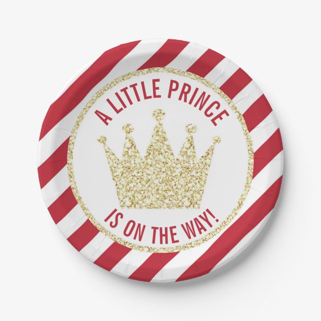 Red Gold Little Prince on the Way Baby Shower Paper Plate (Front)