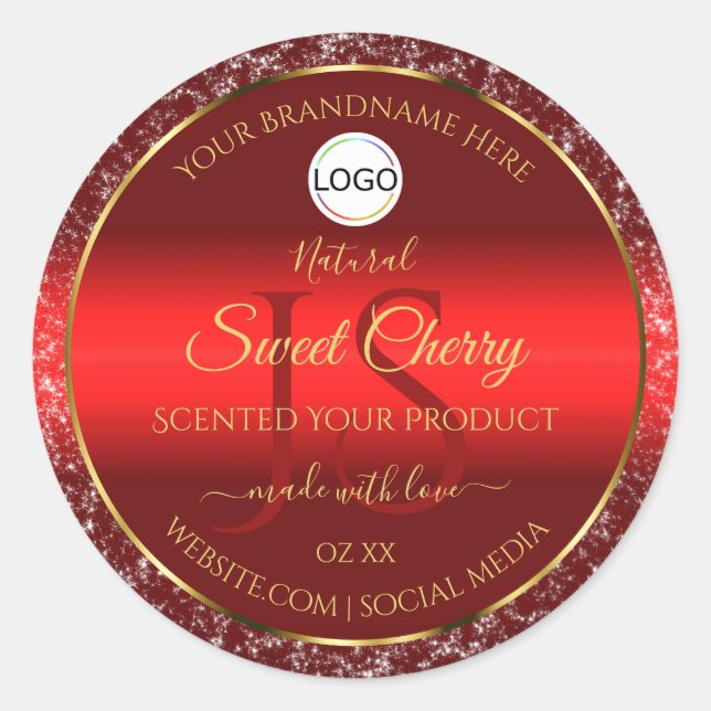 Red Gold Logo Initials Glitter Stars Product Label (Front)