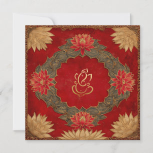 Red Gold Lotus Ganesh God Indian Wedding Invitation