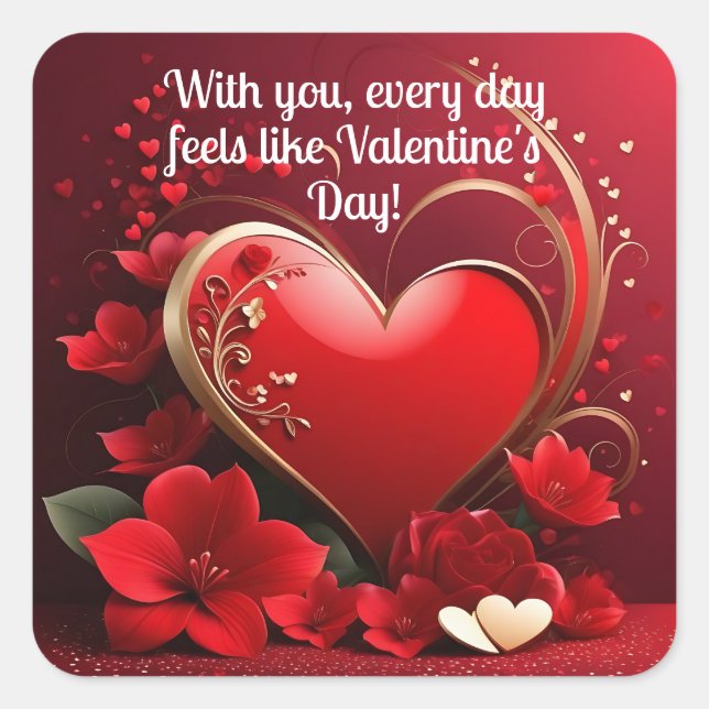 Red-Gold Love Heart Valentines Square Sticker (Front)