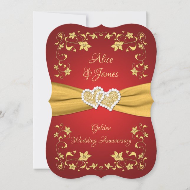 Red, Gold Love Hearts 50th Wedding Anniversary Invitation (Front)