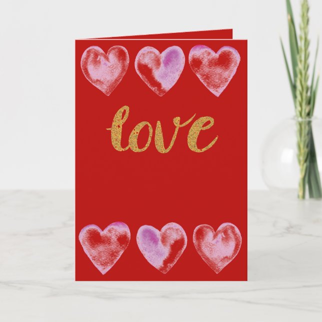 Red & Gold Love You Watercolor Valentine's Day Holiday Card (Front)