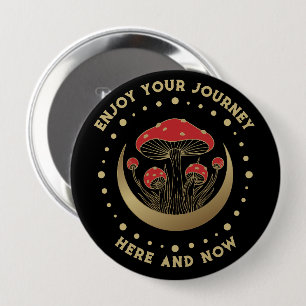 Red & Gold Magic Mushrooms Crescent Moon On Black 10 Cm Round Badge
