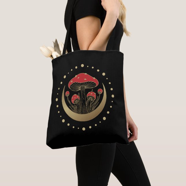 Red & Gold Magic Mushrooms Crescent Moon On Black Tote Bag (Close Up)