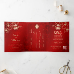 Red Gold Magnolia   Chinese Wedding Tri-Fold Invitation