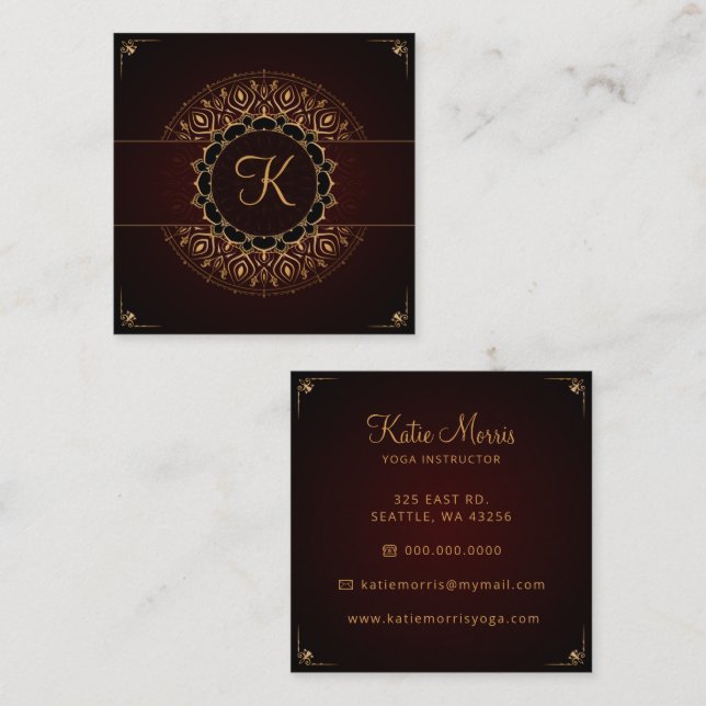 Red Gold Mandala Elegant Yoga Instructor  Square Business Card (Front/Back)