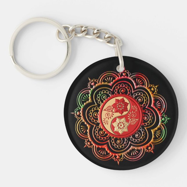 Red & Gold Mandala Key Ring (Front)
