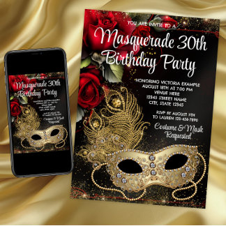 Red Gold Masquerade Party Invitation