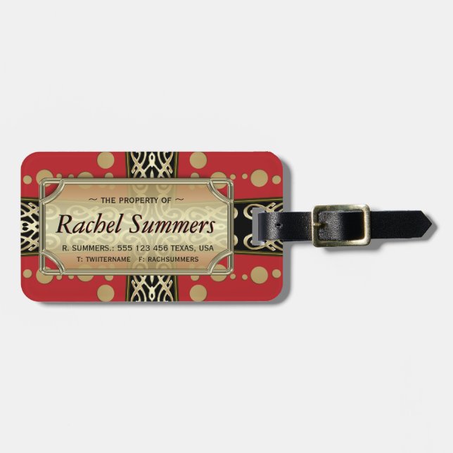 Red Gold Mediaeval Eastern Fusion Personalised Luggage Tag (Front Horizontal)