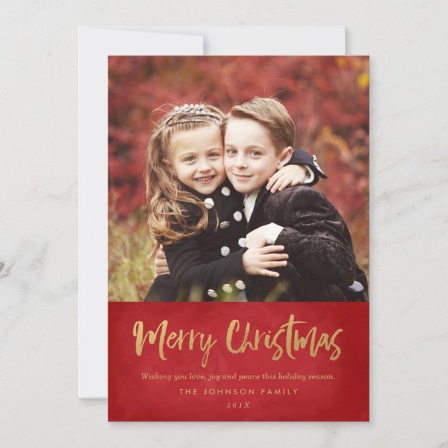 Red & Gold MERRY CHRISTMAS Cards | Family Photo (Front)