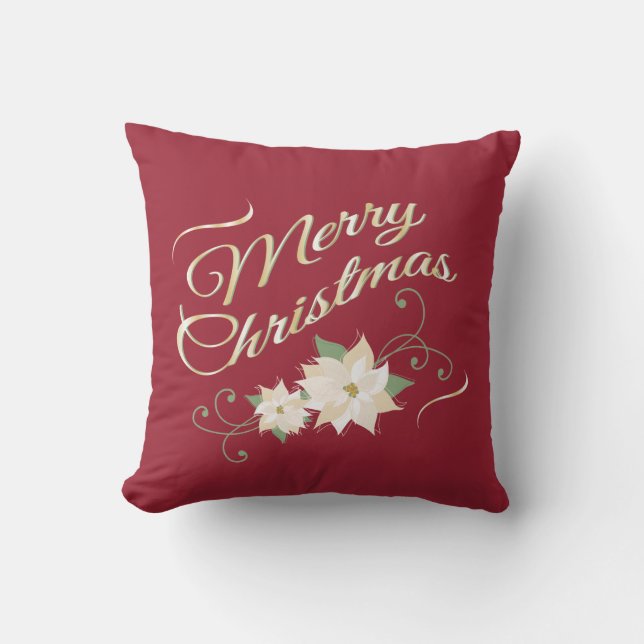 Red & Gold Merry Christmas & White Poinsettias Cushion (Front)