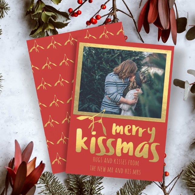 Red Gold Merry Kissmas Photo Holiday Card (Merry Kissmas Holiday card with space for your photo and name)