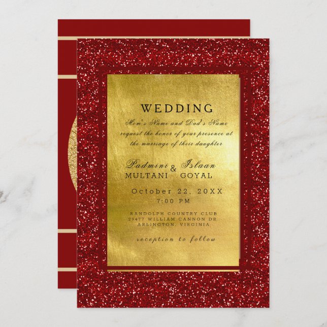 Red & Gold Metal Indian Style Wedding Invitation (Front/Back)