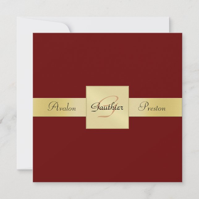 Red Gold Metal Monogram Ribbon Formal Invitation (Front)