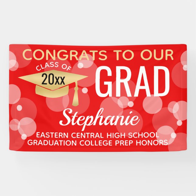 Red Gold Modern Bubbles Congrats Grad Graduation Banner (Horizontal)