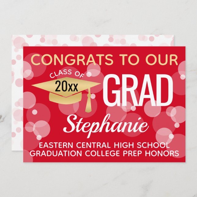 Red Gold Modern Confetti Bokeh Bubbles Graduation Invitation (Front/Back)