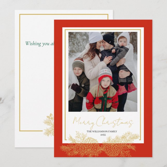 Red Gold Modern Elegant Family Photo Christmas Holiday Card (Front/Back)