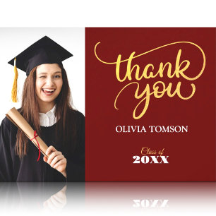 Red & Gold Modern Graduation Thank You Photo Card