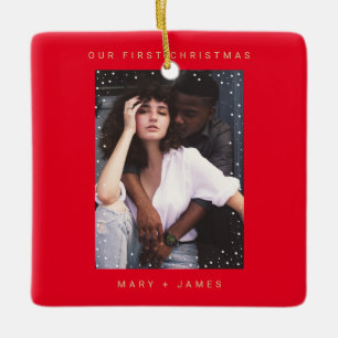 Red Gold Modern  Merry and Married Photo Ceramic Ornament