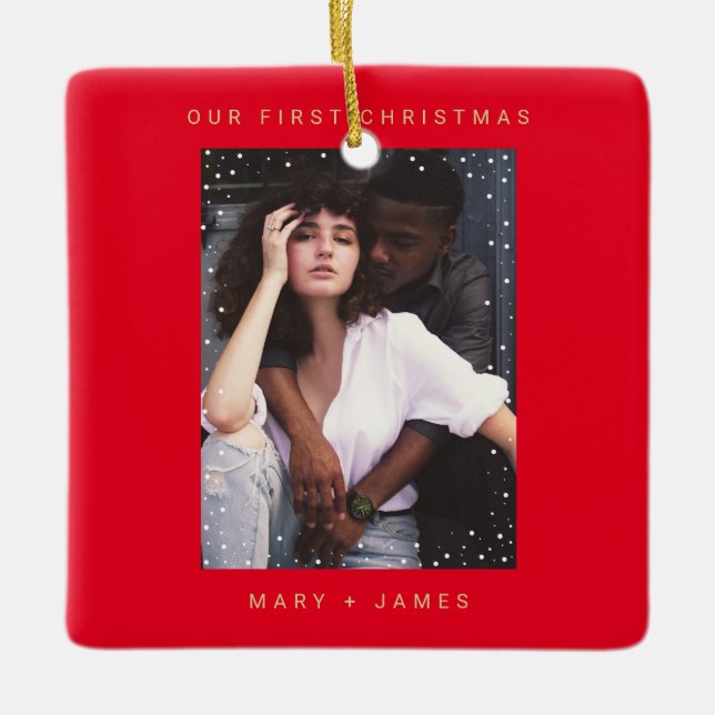 Red Gold Modern  Merry and Married Photo Ceramic Ornament (Front)
