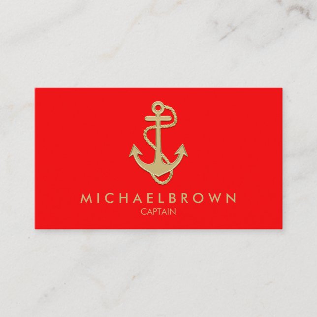 red gold modern nautical boating anchor business card (Front)
