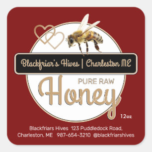 Red Gold Modern Script Honey with Honeybee Square Sticker