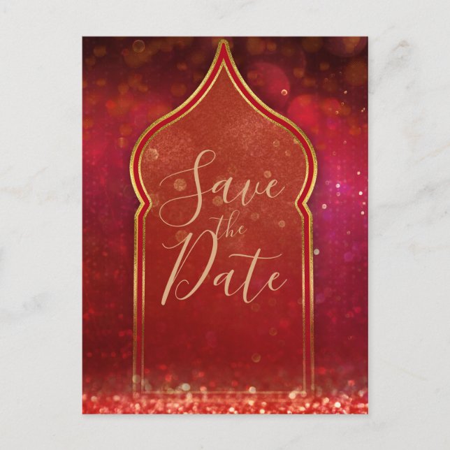 Red & Gold Moroccan Arabian Nights Save the Date Announcement Postcard (Front)