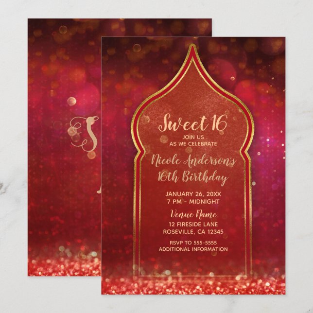 Red & Gold Moroccan Arabian Nights Sweet 16 Party Invitation (Front/Back)