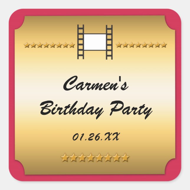 Red & Gold Movie Cinema Birthday Party Sticker (Front)