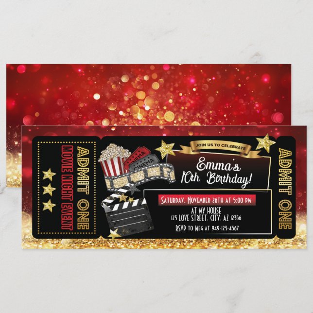 Red & Gold Movie Ticket Birthday Party  Invitation (Front/Back)