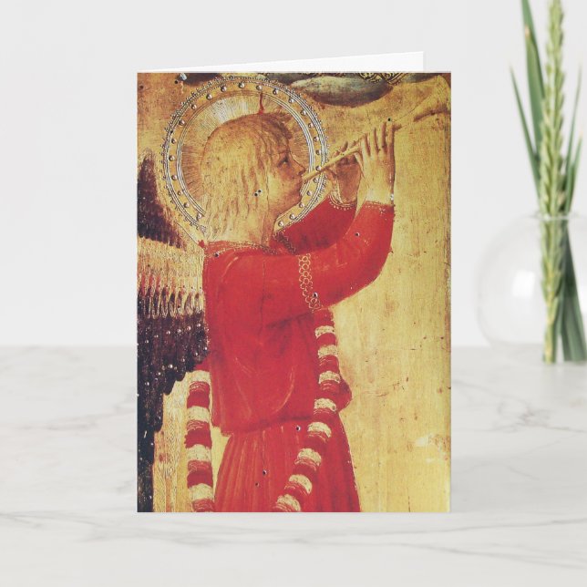 RED GOLD MUSICAL ANGEL PLAYING WOODWIND INSTRUMENT HOLIDAY CARD (Front)