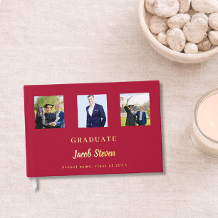 Red gold name script photo Graduation Guest Book