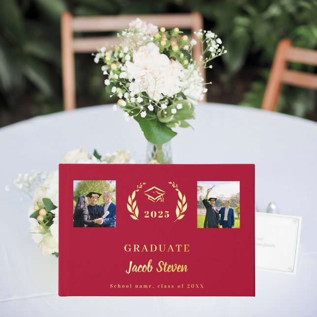 Red gold name script photo Graduation Guest Book (Creator Uploaded)