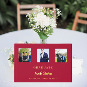 Red gold name script photo Graduation Guest Book