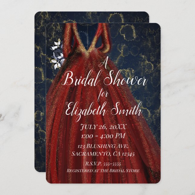 Red Gold & Navy Blue Glam Dress Bridal Shower Invitation (Front/Back)