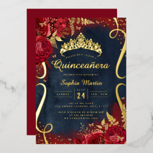 Red Gold Navy Floral Scroll Quinceanera