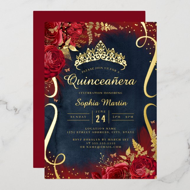 Red Gold Navy Floral Scroll Quinceanera  (Front/Back)