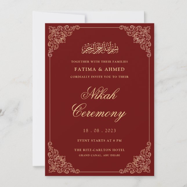 Red Gold Nikkah Islamic Muslim Wedding Invitation (Front)