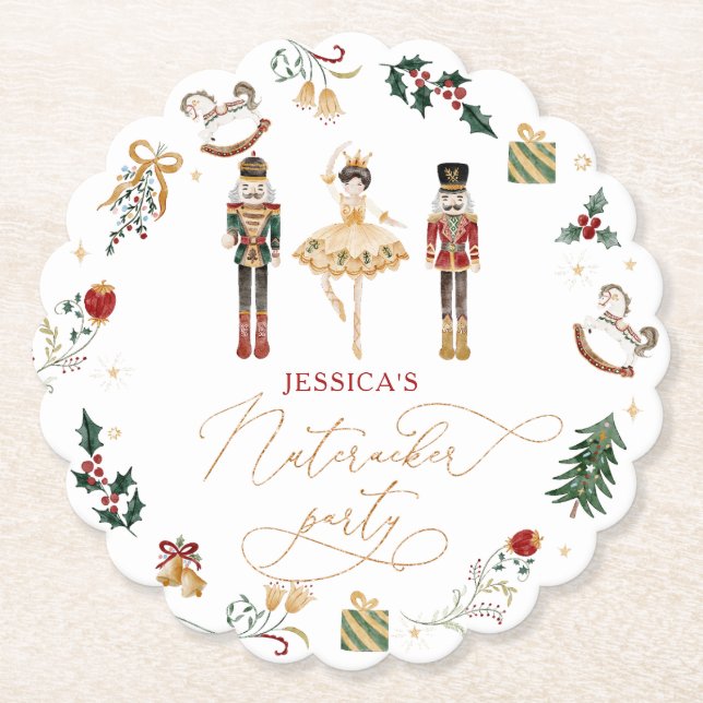 Red gold Nutcracker ballerina kids birthday party Paper Coaster (Front)