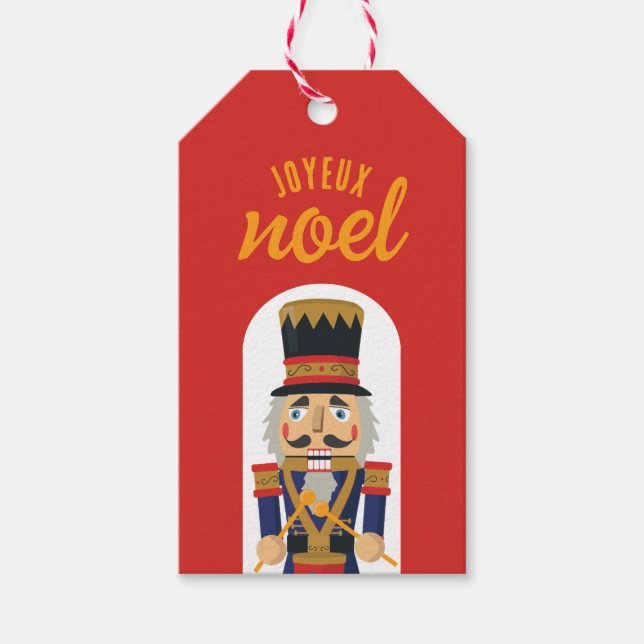 Red Gold Nutcracker Joyeux Noel Christmas Gift Tag (Front)