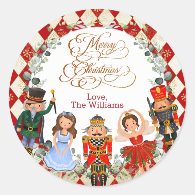 Red Gold Nutcracker Merry Christmas Party Favours Classic Round Sticker (Front)