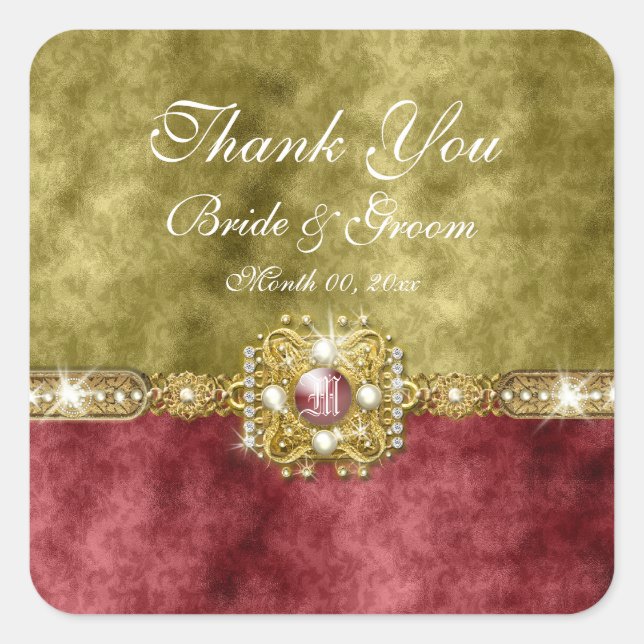 Red gold olive damask wedding square sticker (Front)