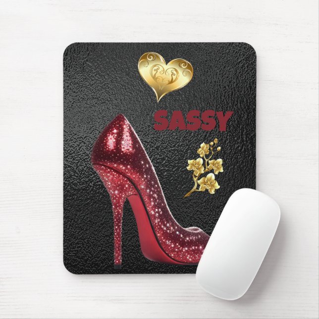 Red & Gold on Black High Heel Shoe | Mouse Mat (With Mouse)