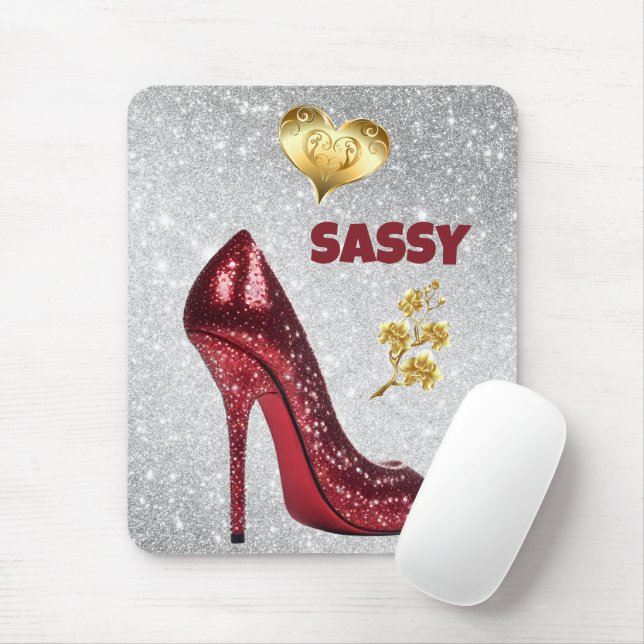 Red & Gold on silver High Heel Shoe | Mouse Mat (With Mouse)