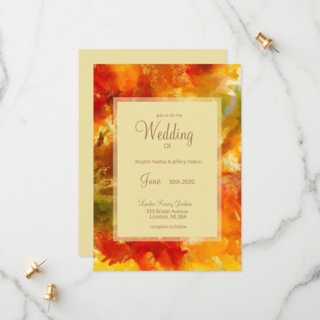 Red, gold, orange, green ink wedding invitations  (Front/Back In Situ)