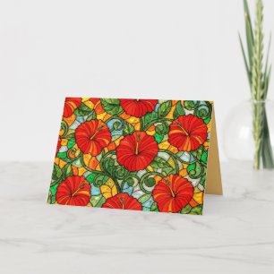 Red Gold Orange Hibiscus Faux Stained Glass Card