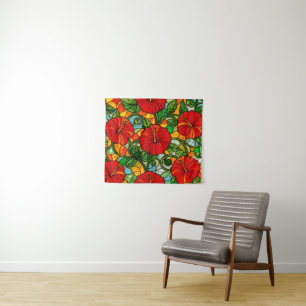 Red Gold Orange Hibiscus Faux Stained Glass Tapestry